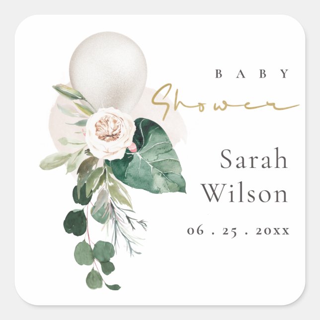 SILVER OFF WHITE BALLOON FLORAL BUNCH BABY SHOWER  SQUARE STICKER (Front)