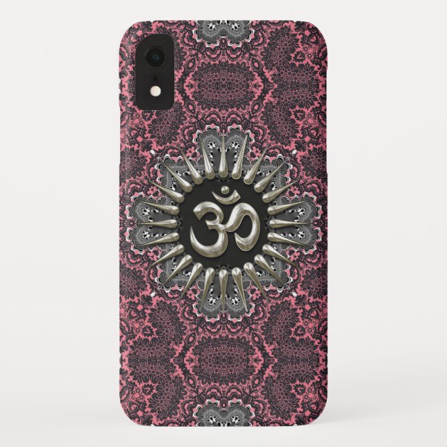 Silver Om Vintage Pink Damask  iPhone 3 Cover (Back)