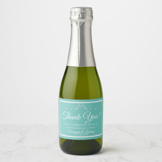 Silver on Aqua Teal Wedding Thank You Mini Bottle Sparkling Wine Label (Front)