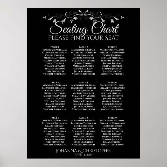 Silver on Black 9 Table Wedding Seating Chart (Front)