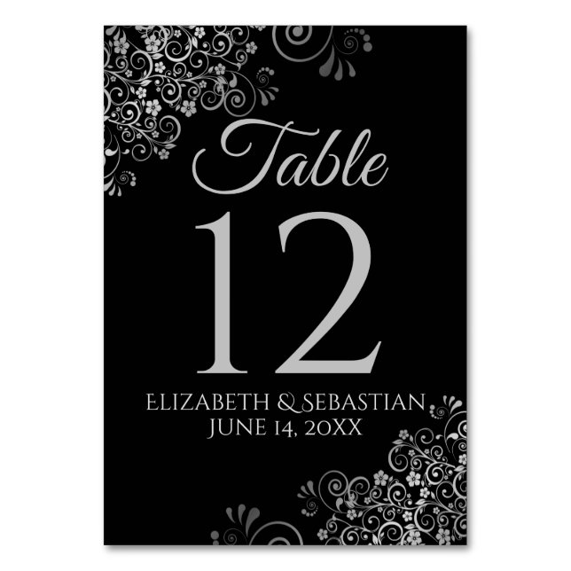 Silver on Black Elegant Filigree Wedding Table Number (Front)