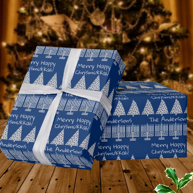 Silver On Blue Merry Happy Chrismukkah Holiday Wrapping Paper (It's super easy to add a name into this silver tone on dark blue inter-faith design)