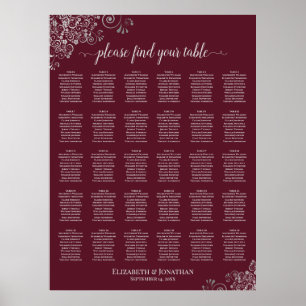 Silver on Burgundy 30 Table Wedding Seating Chart