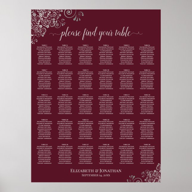 Silver on Burgundy 30 Table Wedding Seating Chart (Front)