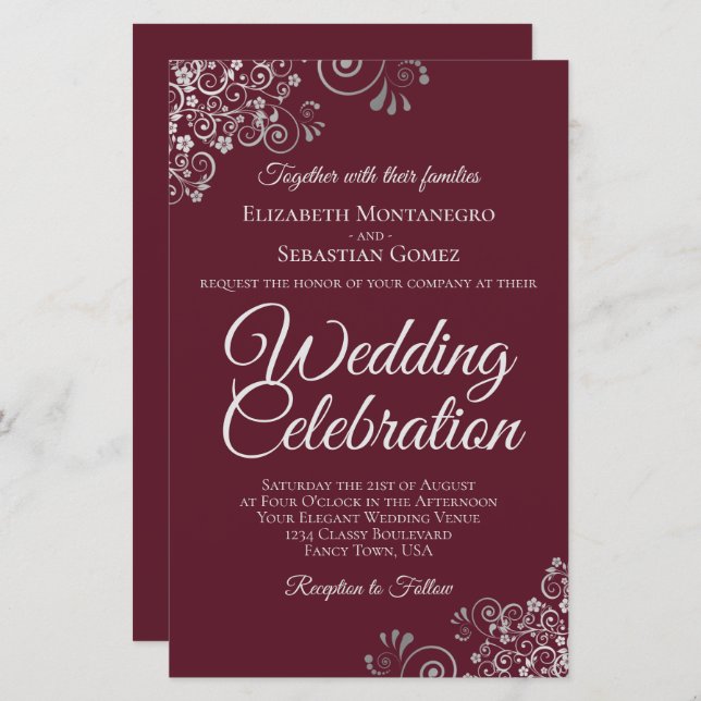Silver on Burgundy BUDGET Wedding Invite Large (Front/Back)