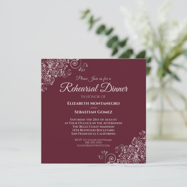 Silver on Burgundy Square Wedding Rehearsal Dinner Invitation (Standing Front)