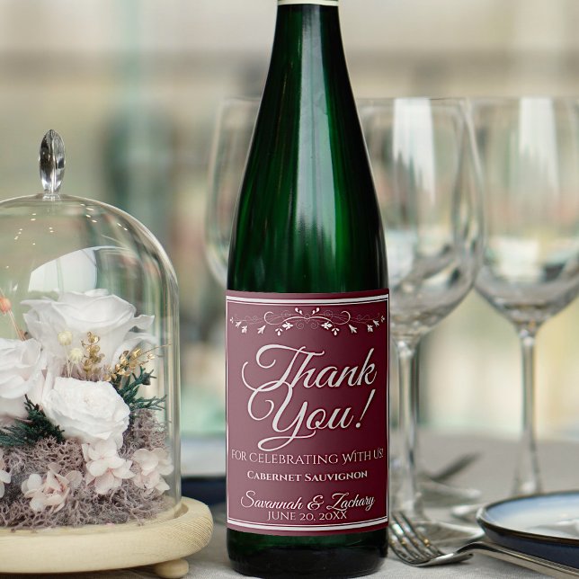 Silver on Burgundy Wedding Thank You Wine Label (Creator Uploaded)