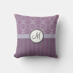 Silver on Lavender Damask with Stripes & Monogram Cushion