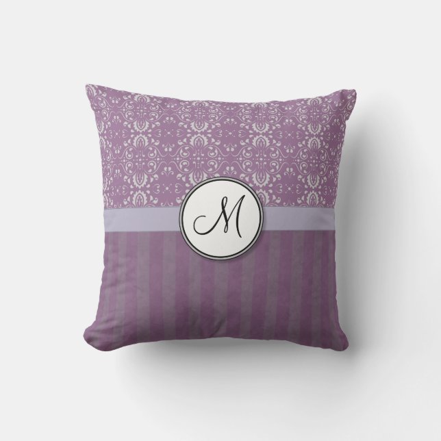 Silver on Lavender Damask with Stripes & Monogram Cushion (Front)