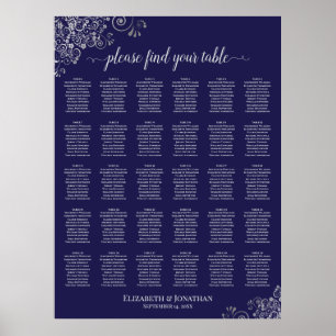 Silver on Navy Blue 30 Table Wedding Seating Chart