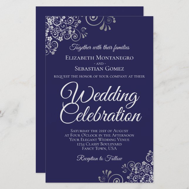 Silver on Navy Blue BUDGET Wedding Invite Large (Front/Back)