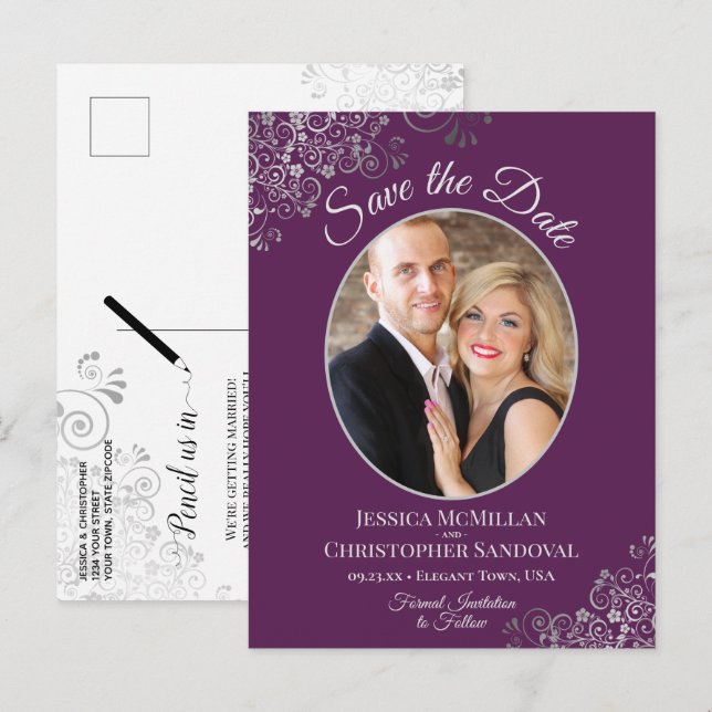 Silver on Plum Purple Wedding Save the Date Photo Announcement Postcard (Front/Back)