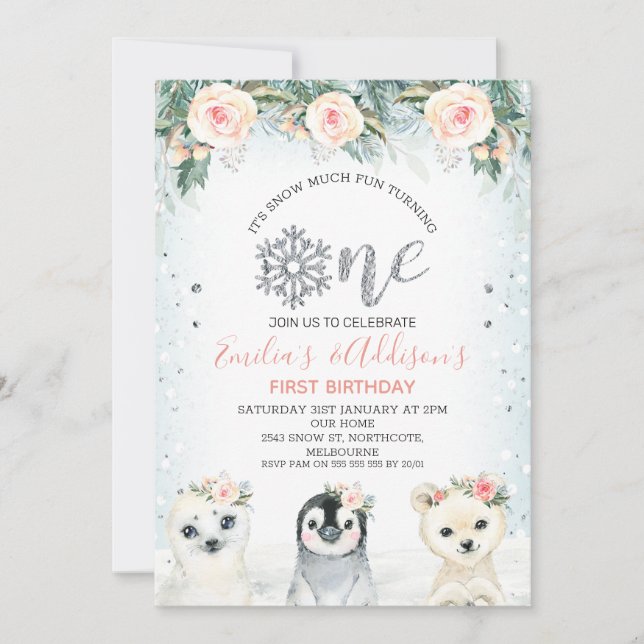 Silver One Twins Winter Animals 1st Birthday Invitation (Front)