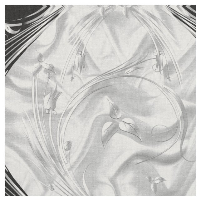 Silver or Abstract flowers on Black - Silk & Art  Fabric (Close Up)