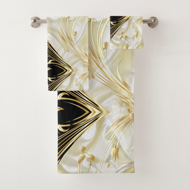 Silver or Gold Abstract flowers on - Silk & Art Bath Towel Set (Insitu)