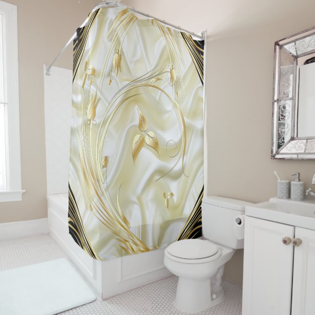 Silver or Gold Abstract flowers on - Silk & Art Shower Curtain (In Situ)