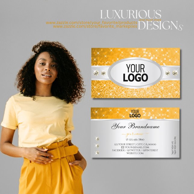 Silver Orange Glitter Sparkle Diamonds add Logo Business Card (Creator Uploaded)