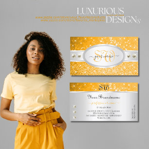 Silver Orange Glitter Sparkle Diamonds Initials Business Card