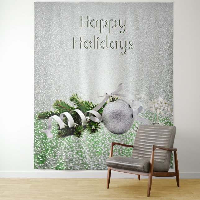 Silver Ornament White Ribbon Christmas Backdrop Tapestry (In Situ)