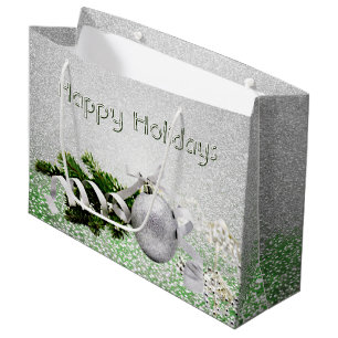Silver Ornament White Ribbon Christmas Gift Bag