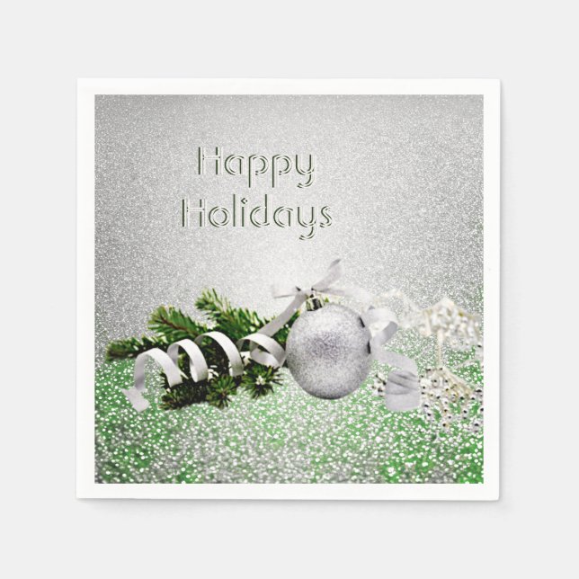 Silver Ornament White Ribbon Christmas Paper Napkin (Front)