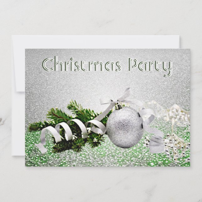 Silver Ornament White Ribbon Christmas Party Invitation (Front)