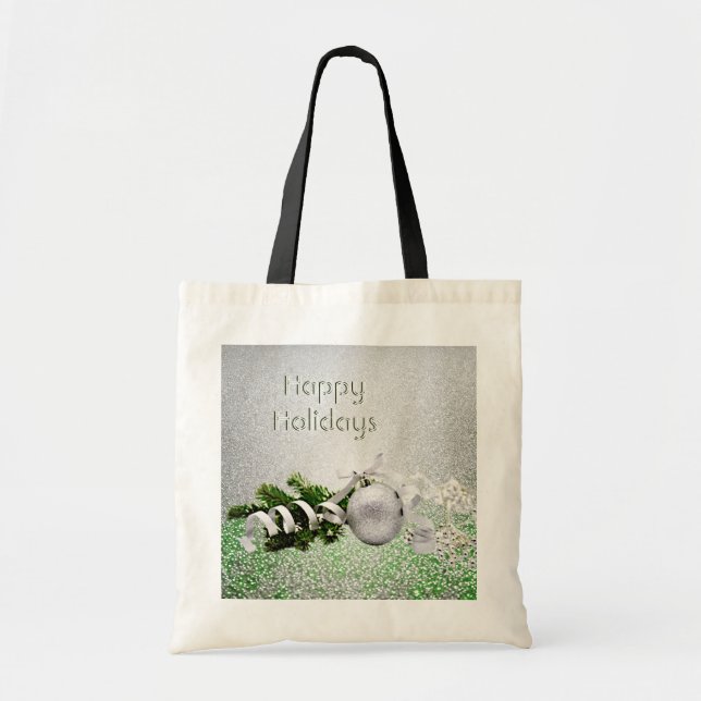 Silver Ornament White Ribbon Christmas Tote Bag (Front)