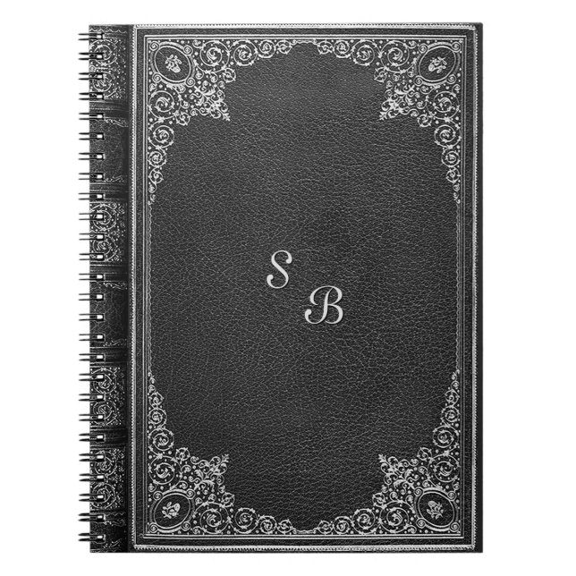 Silver Ornamental on Black with Initials Notebook (Front)