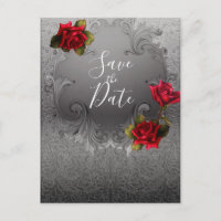 Silver Ornamental Vintage Red Roses Save the Date