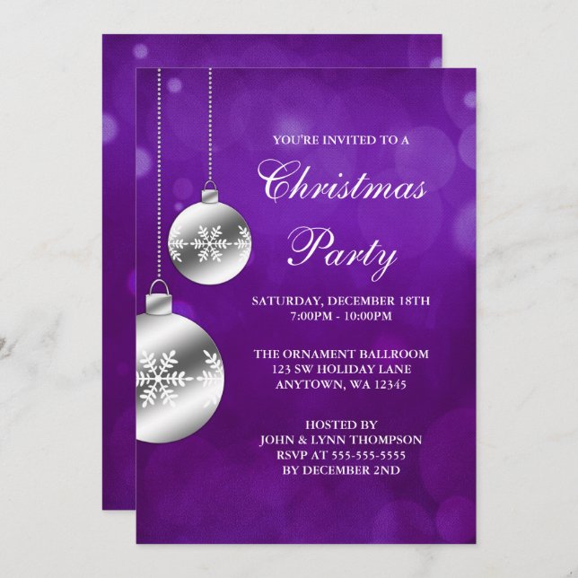 Silver Ornaments Purple Bokeh Christmas Party Invitation (Front/Back)