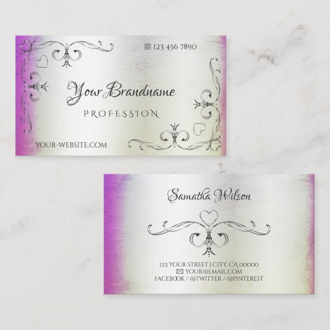 Silver Ornate Corners Purple Pink Shimmery Marble Business Card (Front/Back)