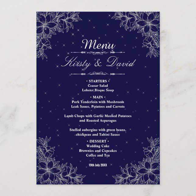 Silver Ornate Floral Wedding  Menu (Front)