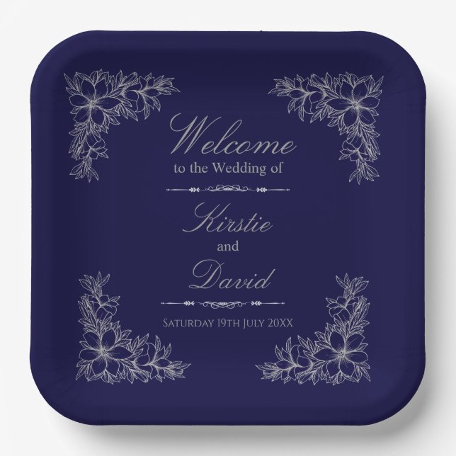 Silver Ornate Floral Wedding Paper Plate (Front)