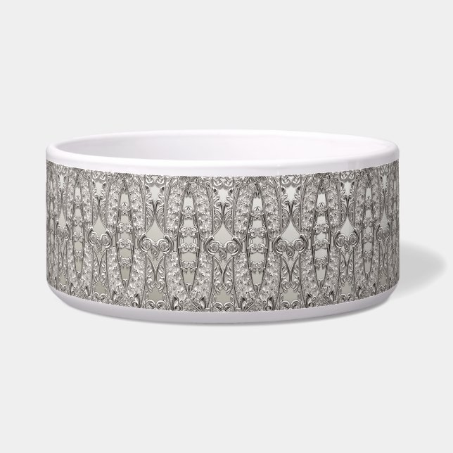 Silver Ornate Modern Ceramic Pet Bowl (Front)