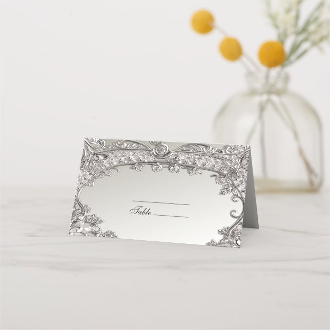 Silver Ornate Modern Place Card (Front)