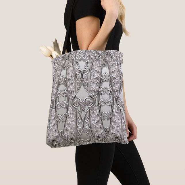 Silver Ornate Modern Tote Bag (Close Up)