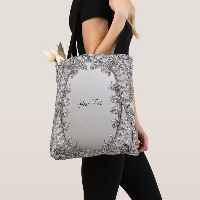Silver Ornate Modern Tote Bag (Close Up)