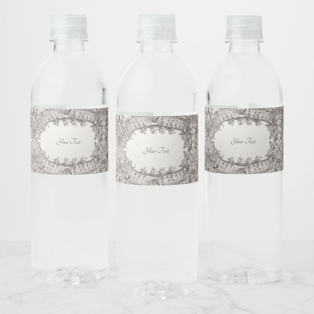 Silver Ornate Modern Water Bottle Label (Bottles)