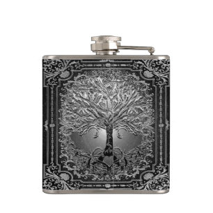 Silver  Ornate Tree of Life Ancient Rustic Flask