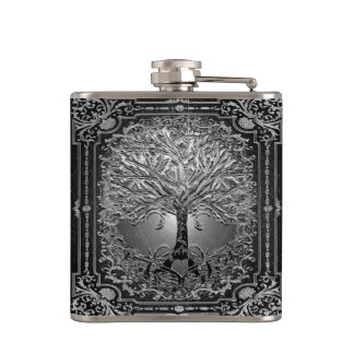 Silver  Ornate Tree of Life Ancient Rustic Flask