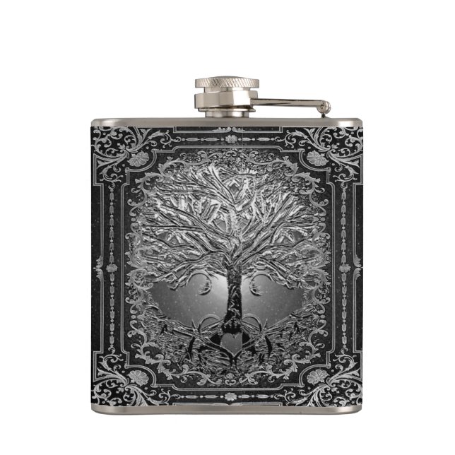 Silver  Ornate Tree of Life Ancient Rustic Flask (Back)