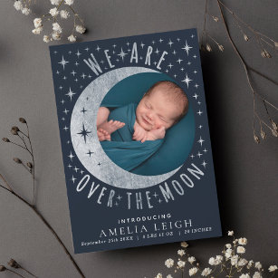Silver Over the Moon Photo Birth Announcement Card