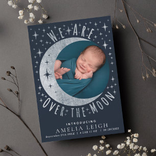 Silver Over the Moon Photo Birth Announcement Card