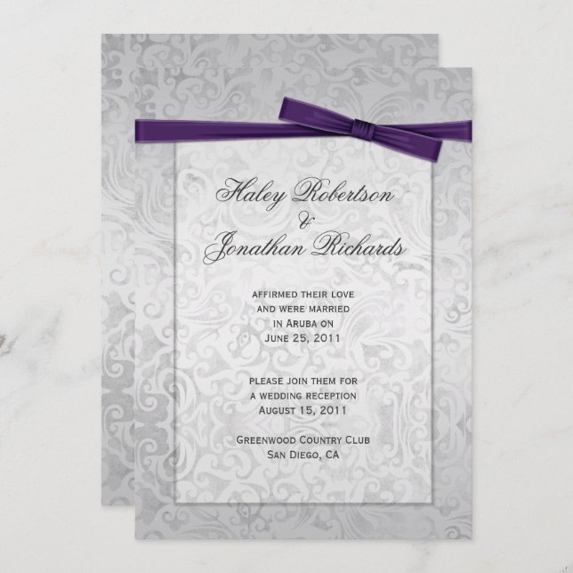 Silver Overlay Purple Ribbon Bow Post Wedding Invitation (Front/Back)