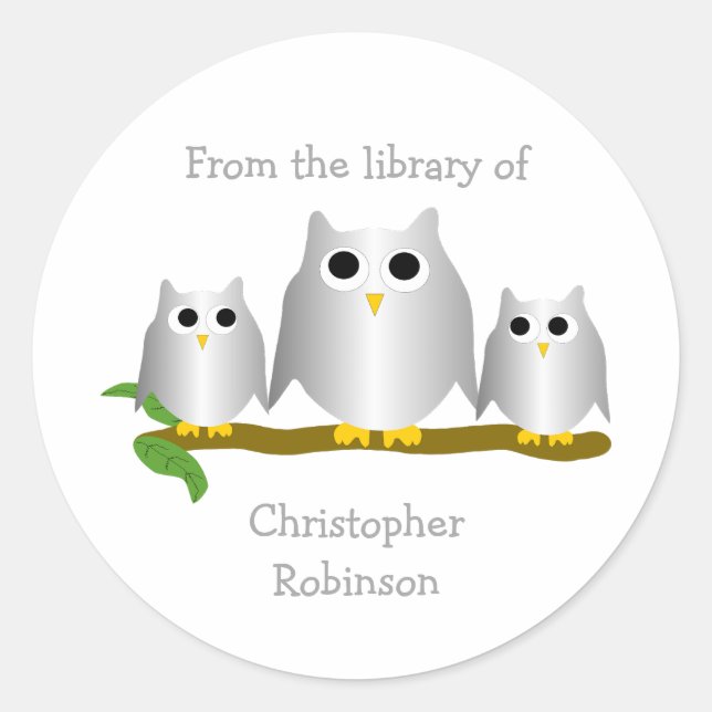 Silver Owls Design Bookplate Classic Round Sticker (Front)