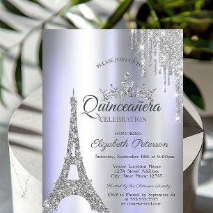 Silver Paris Eiffel Tower,Drip Violet Quinceañera  Invitation