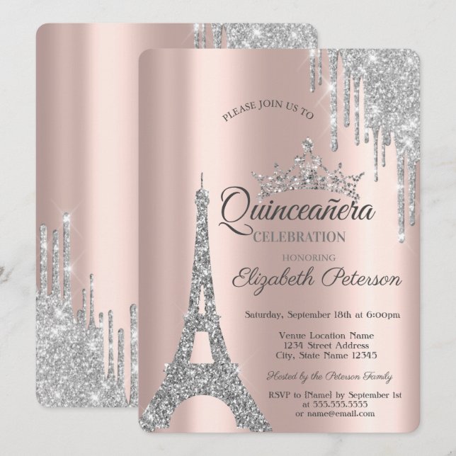 Silver Paris Eiffel Tower,Drips Quinceañera  Invitation (Front/Back)