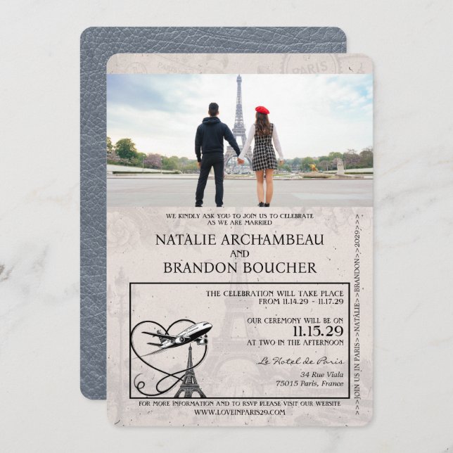 Silver Paris Passport Wedding Invitation (Front/Back)