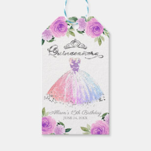 Silver Pastel Colours Gown Floral Quinceanera Part Gift Tags