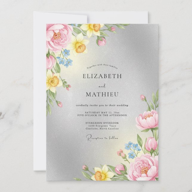 Silver Pastel Ranunculus Eucalyptus Wedding Invitation (Front)